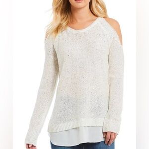 NWOT JESSICA SIMPSON ABBEY SEQUIN COLD SHOULDER SWEATER NWOT TRENDY POPULAR